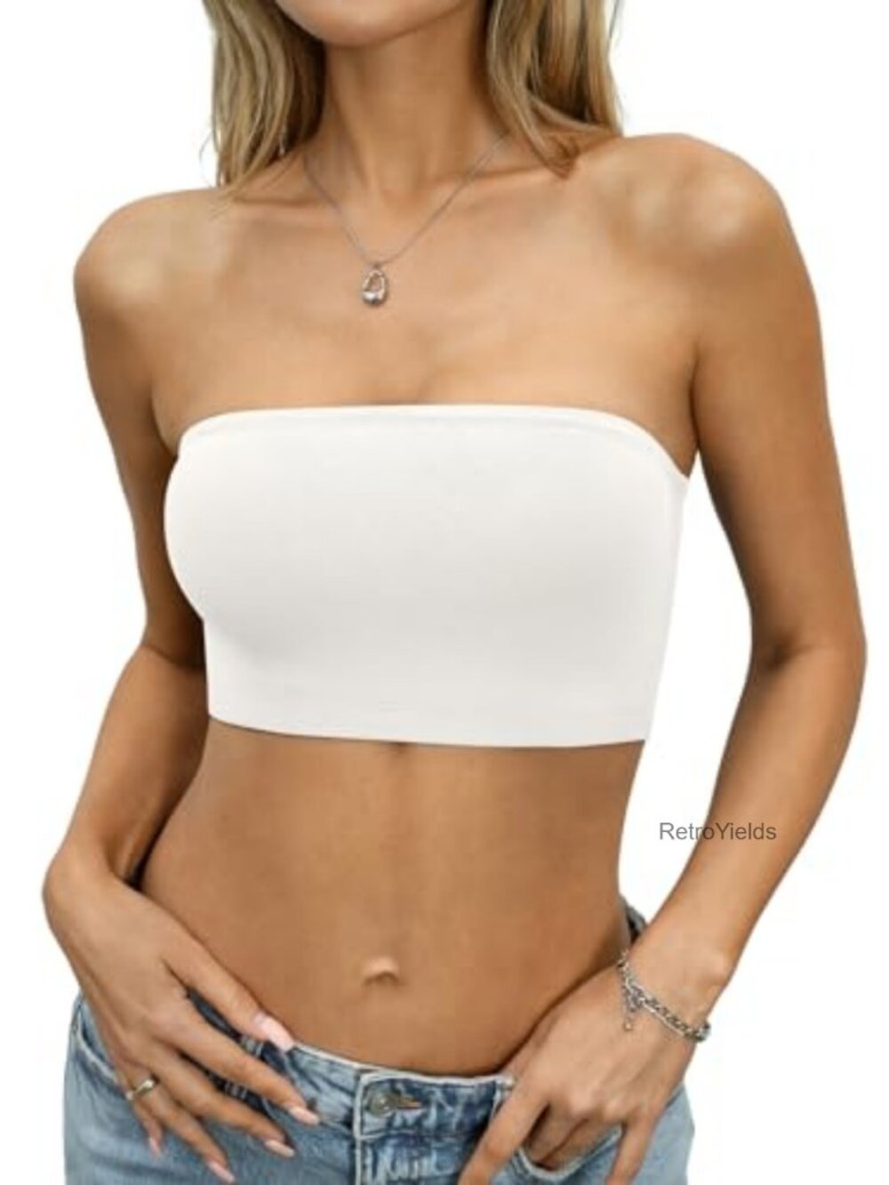 Womens Strapless Tube Top Non-Slip Bandeau Y2K Crop Tank 88% Polyester 12%